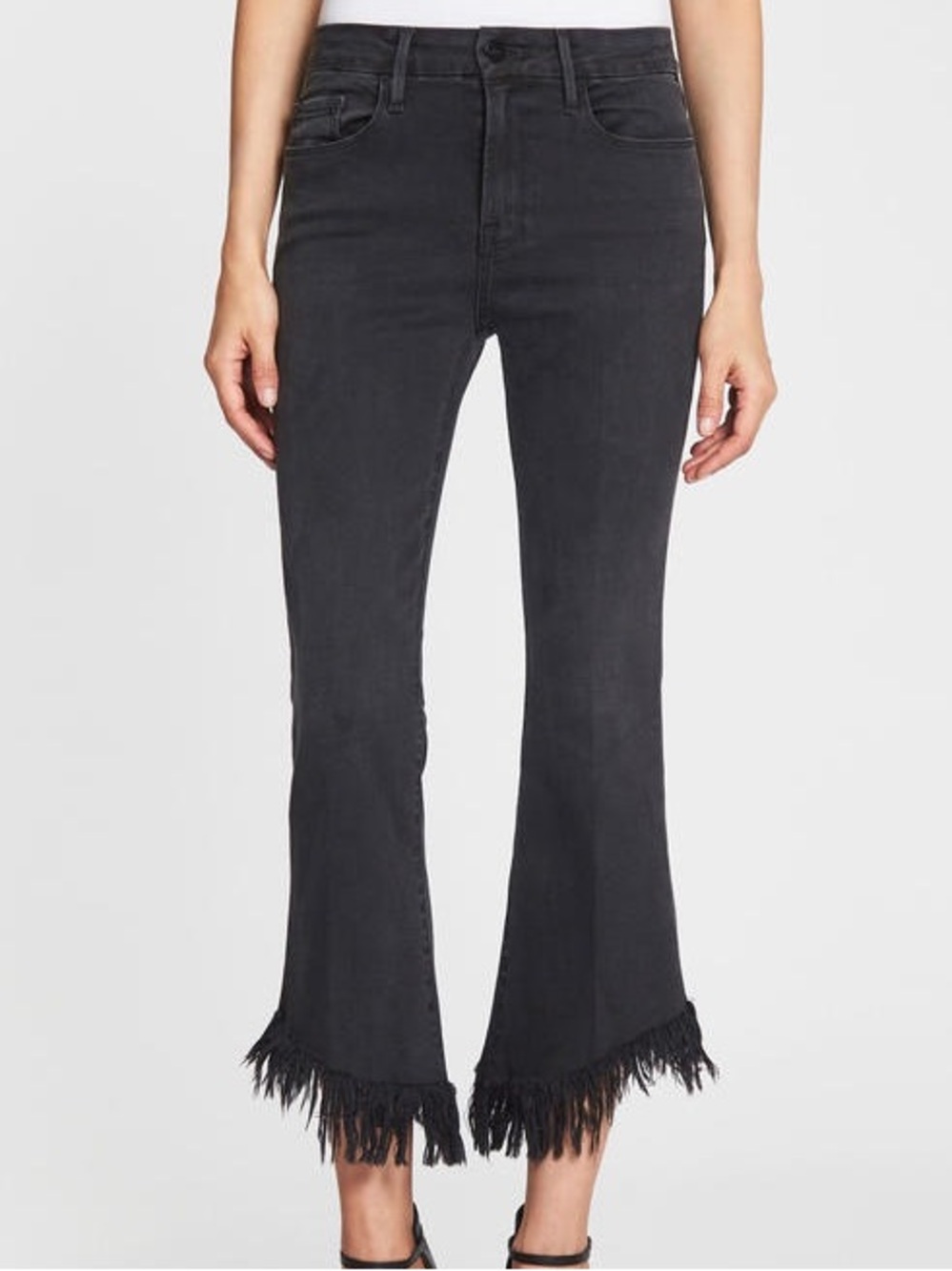Frame Denim Black Fringed Crop Flare Jeans
